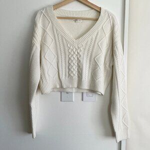 Cable-Knit Cropped V-Neck Sweater